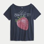 Oversized Off-the-Shoulder Graphic Tee - navy blue