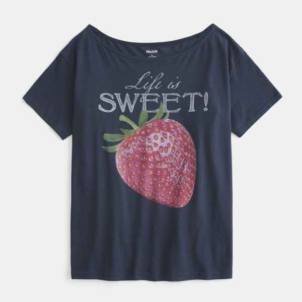 Oversized Off-the-Shoulder Graphic Tee - navy blue