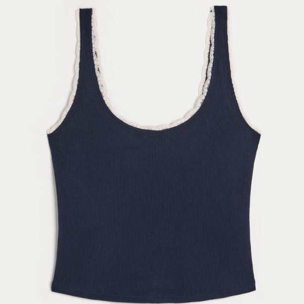 Gilly Hicks Cozy Waffle Lace Trim Tank - navy