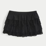 Lace-Chiffon Tiered Mini Skort - black