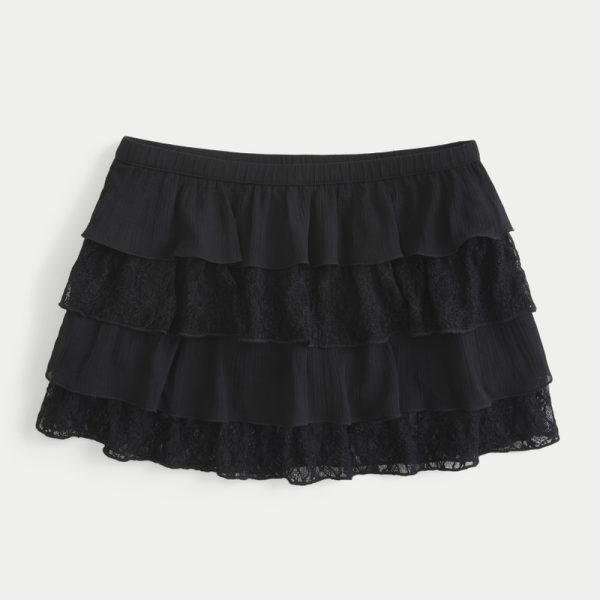 Lace-Chiffon Tiered Mini Skort - black