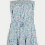 Strapless Drawstring Blouson Mini Dress - turquoise print