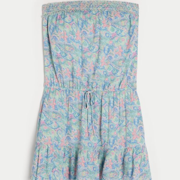 Strapless Drawstring Blouson Mini Dress - turquoise print