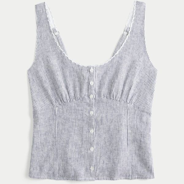 Linen Blend Button-Through Top - blue stripe