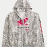 Boxy Honda Racing Graphic Zip-Up Hoodie - cream camo