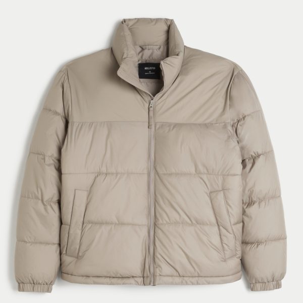 Boxy Mock-Neck Puffer Jacket - tan