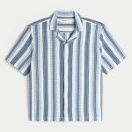 Boxy Short-Sleeve Crochet-Style Shirt - blue stripe