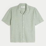 Linen-Blend Short-Sleeve Pattern Shirt - heather green