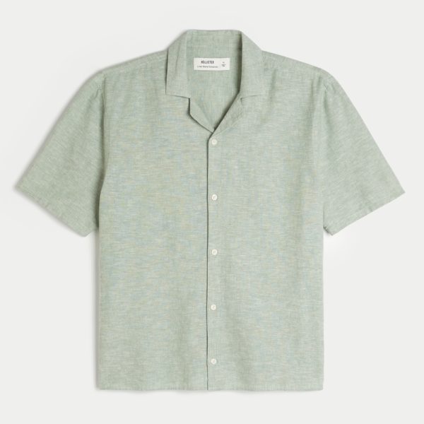 Linen-Blend Short-Sleeve Pattern Shirt - heather green