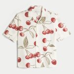 Linen-Blend Short-Sleeve Pattern Shirt - cream print
