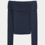 Long-Sleeve Double Off-the-Shoulder Top - navy blue