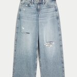 Low-Rise Light Wash Foldover Waist Super Baggy Jeans - medium ripped