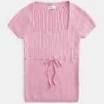 Short-Sleeve Square Neck Sweater - pink