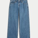 Low-Rise Dark Wash Foldover Waist Baggy Jeans - medium