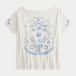 Oversized Off-the-Shoulder Graphic Tee - cloud white