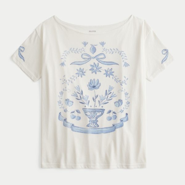 Oversized Off-the-Shoulder Graphic Tee - cloud white