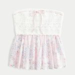 Easy Strapless Crochet Mix Babydoll Top - white floral