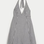 Open Back Halter Mini Dress - white plaid