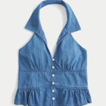 Collared Halter Blouse - blue