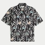 Boxy Tropical Pattern Linen-Blend Shirt - black print