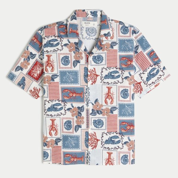 Linen-Blend Short-Sleeve Pattern Shirt - white print