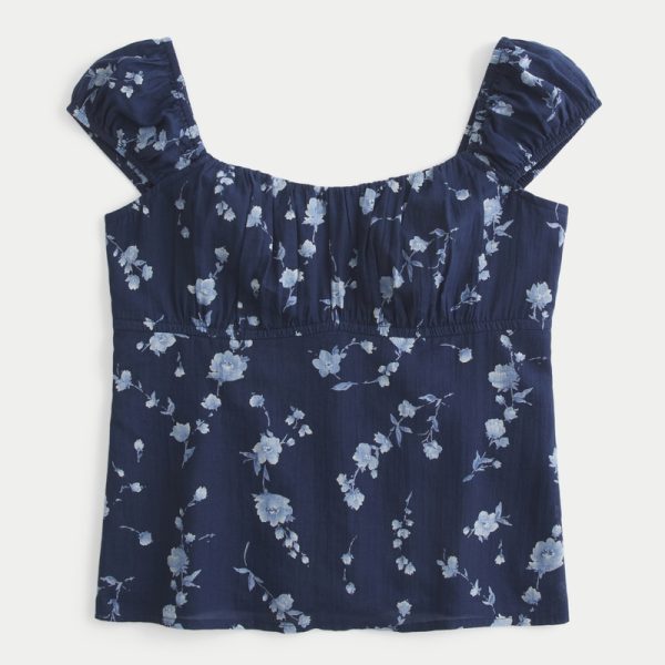 Ruched Babydoll Top - navy blue floral