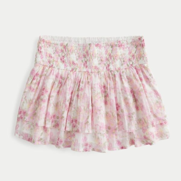 Mid-Rise Smocked Crinkle Voile Mini Skort - white floral