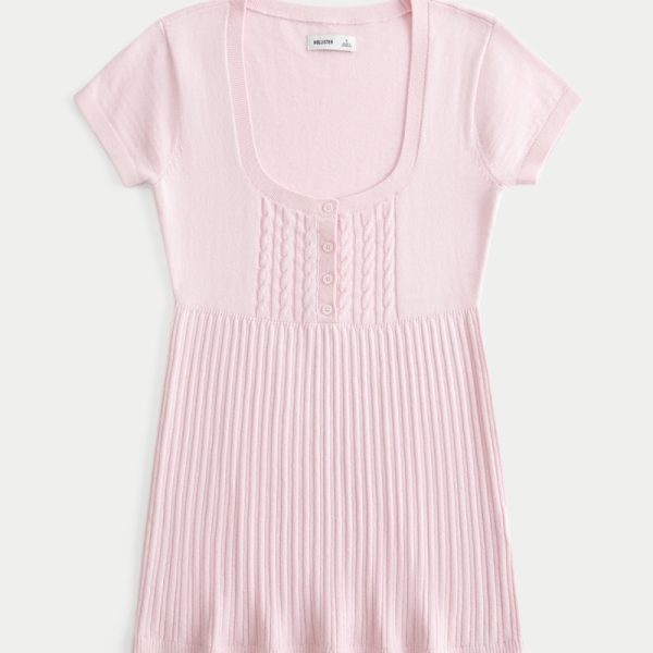 Short-Sleeve Henley Babydoll Top - light pink