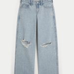 Low-Rise Light Wash Foldover Waist Super Baggy Jeans - light ripped