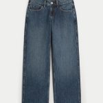 Low-Rise Dark Wash Foldover Waist Baggy Jeans - dark