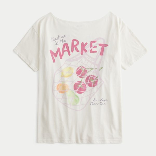 Oversized Off-the-Shoulder Farmers Market Graphic Tee - cloud white floral