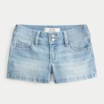 Low-Rise Dark Wash Embroidered Denim Shortie Shorts - light