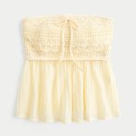 Easy Strapless Crochet Mix Babydoll Top - butter yellow