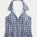 Collared Halter Blouse - powder blue plaid