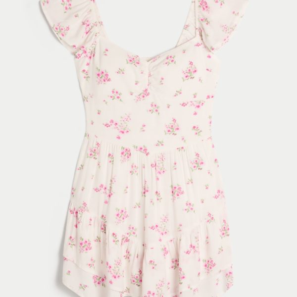 Cinch-Bust Mini Skort Dress - white and pink floral