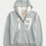 Waffle-Lined Logo Graphic Zip-Up Hoodie - heather gray